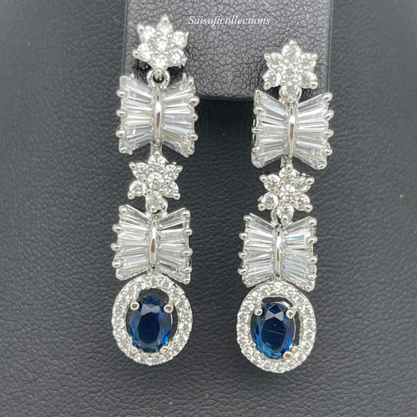 Beautiful White Metal AD and Sapphire Stone Drops Necklace Set