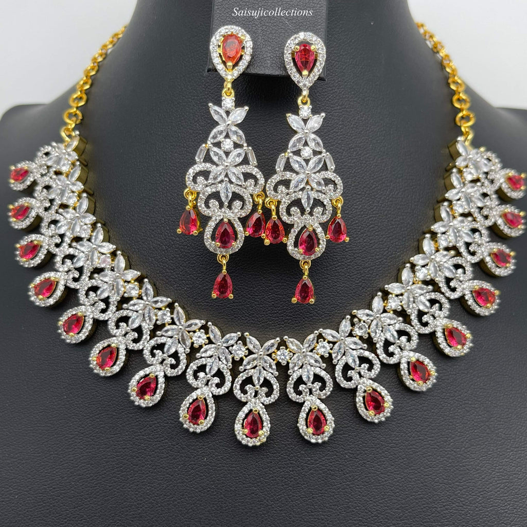 Beautiful Imitation Gold CZ and Magenta stone Drops Necklace Set with  Earrings