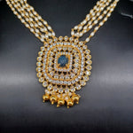 Beautiful Multi Strand Rice Pearl Set With AD And Sapphire Stone Locket And Earrings