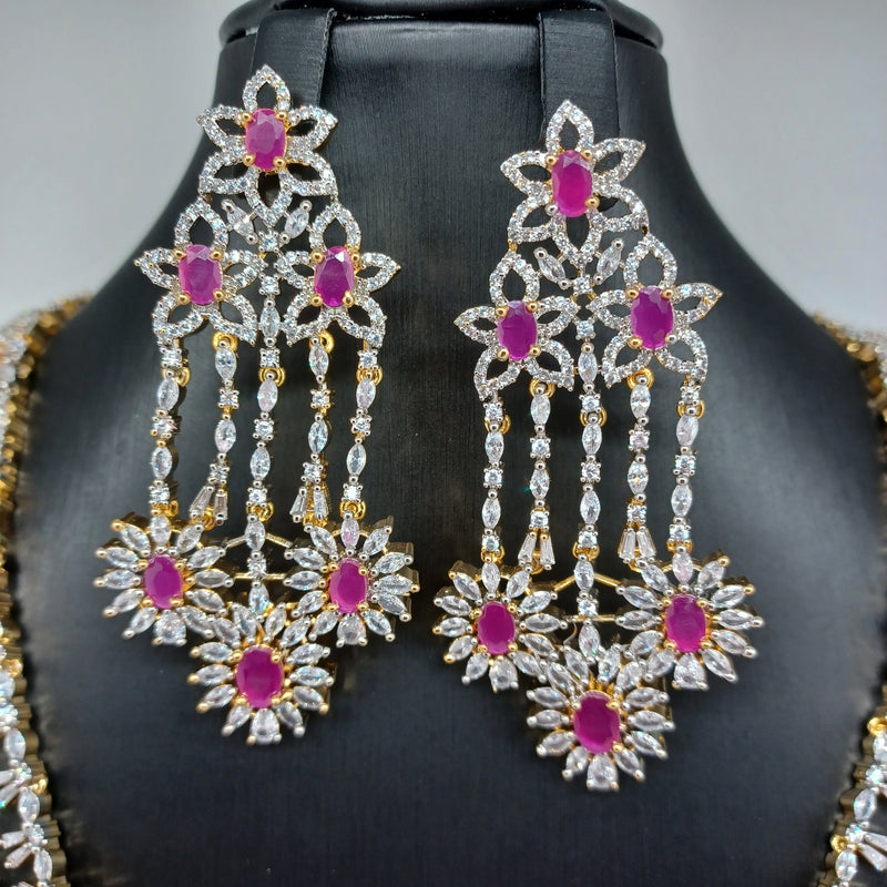 Elegant Diamond Finish Multi Layer Medium AD And Ruby Stone Panchlada Haram With Earrings